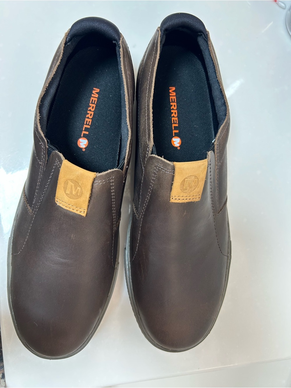MERRELL BARKLEY LEATHER Moc. New? “Brunette” mesh lining breathable size 11.5